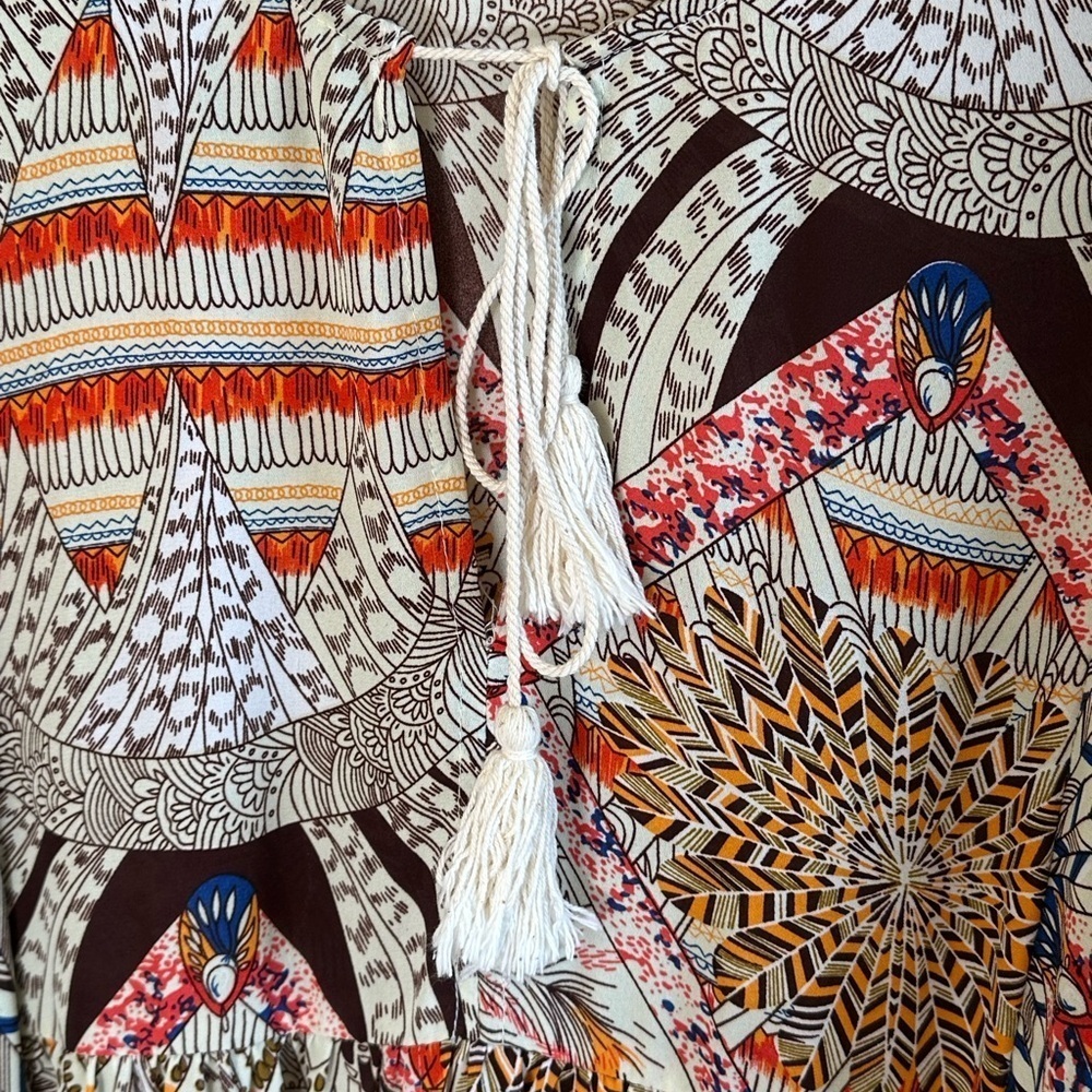 Umgee Tan/Multicolor Bohemian Print Bishop Sleeves Dress with Tassle Ties Sz L - Picture 4 of 14